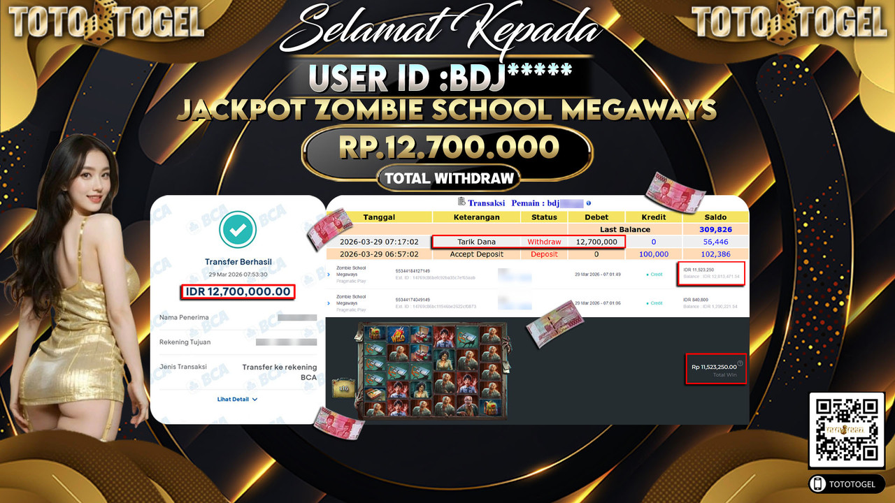Bukti Pembayaran Jackpot Permainan Slot Zombie School Megaways ID:BDJ*****LUNAS