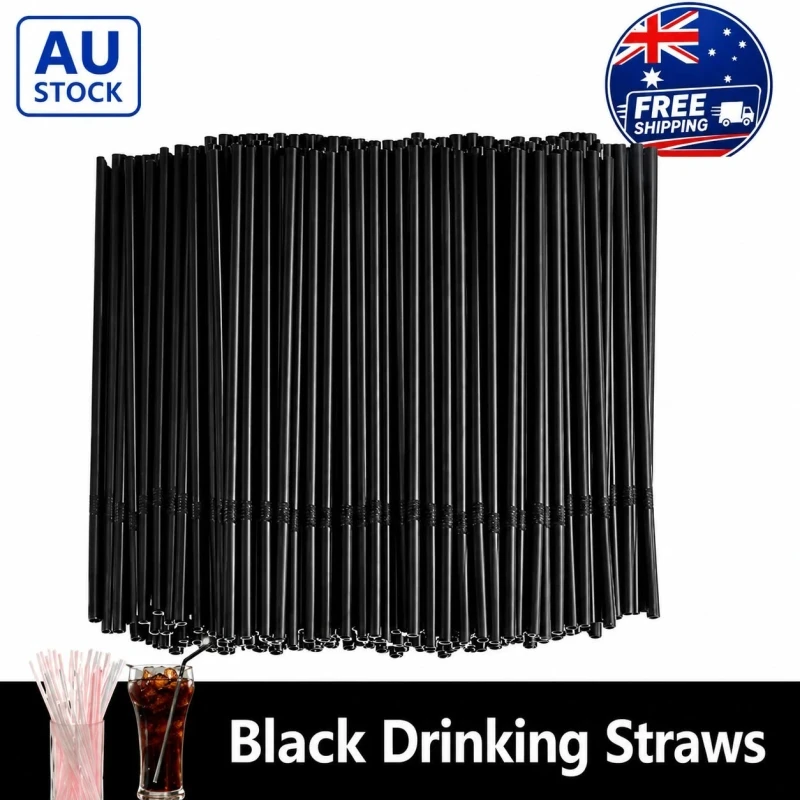 Black Flexible Drinking Plastic Straws 100 Pcs Bulk Pack