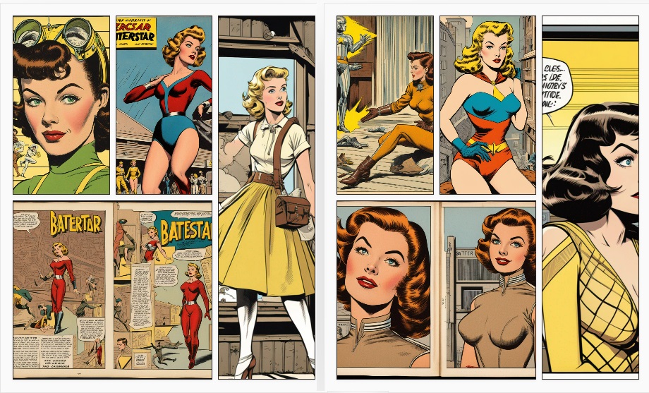2 pages from an ai-generated comic book showing a lot of panels with women drawn in 1950s comic book style