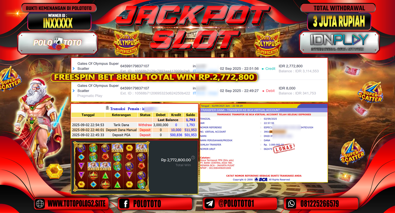 POLOTOTO JACKPOT SLOT GATES OF OLYMPUS SUPER SCATTER Rp.3.000.000,-