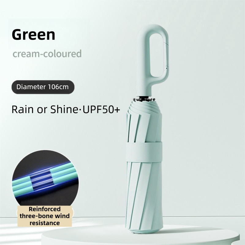 Green Heavy Duty Fully Automatic Carabiner Umbrella with Integrated Hook Handle (Diameter 106CM) - Ultra Windproof and UV Protective Sun & Rain Umbrella