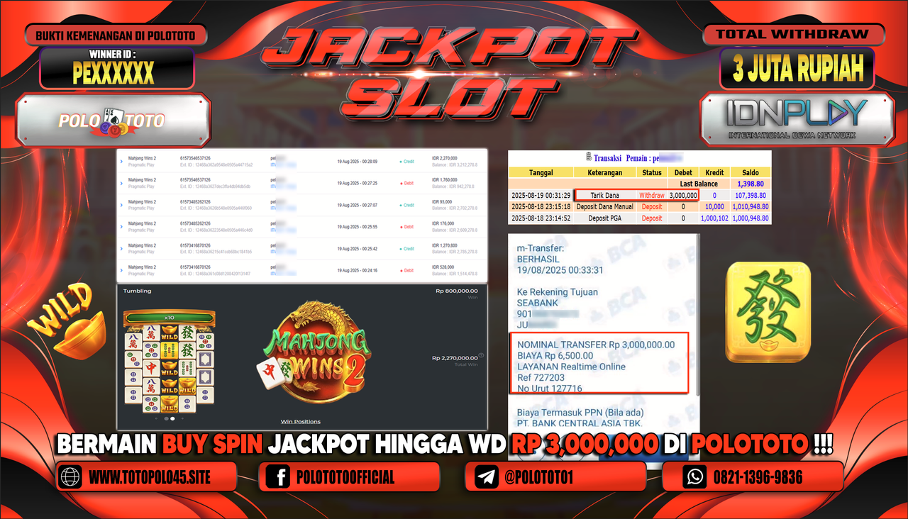 POLOTOTO JACKPOT SLOT MAHJONG WINS 2 Rp.3.000.000,-