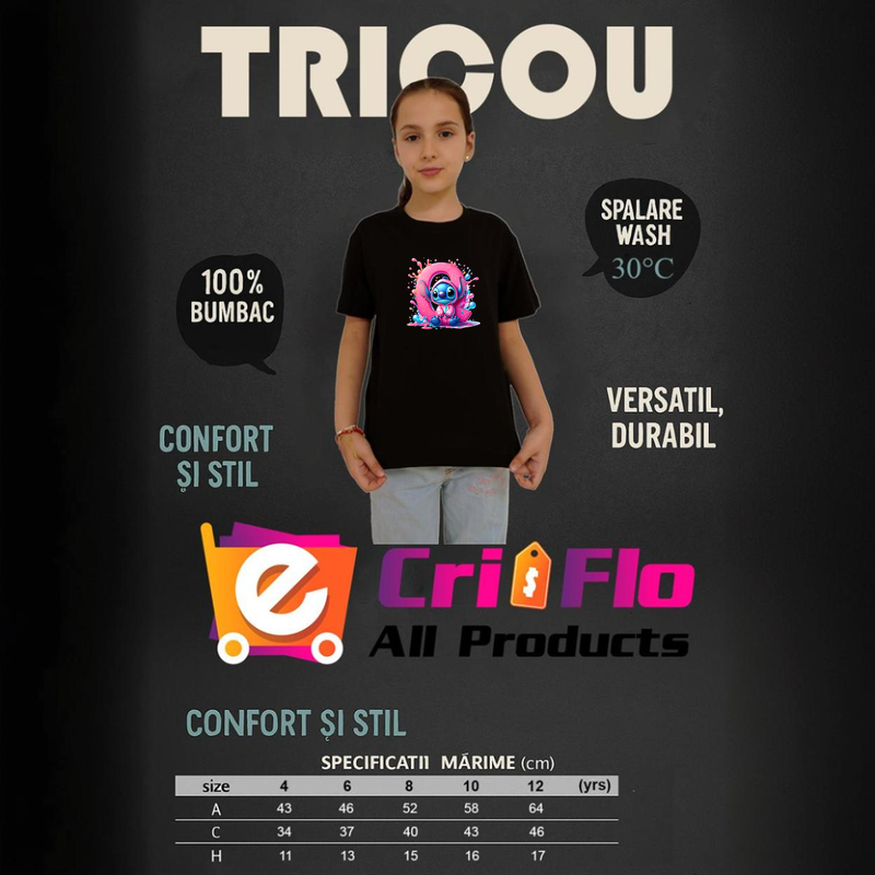 Tricou Alfabet Litera Q cu Stitch Roz fericit, explozie de culori, Copii, 100% bumbac, Cri-Flo, Culoare Negru, Marime 11-12 ani, 158 CM