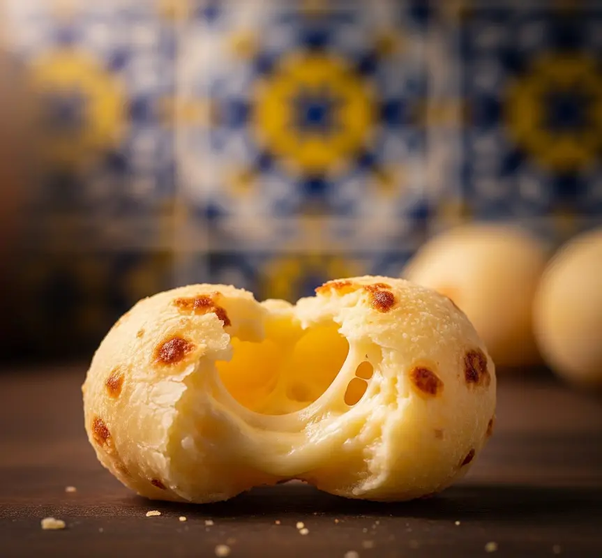 Pão de Queijo Mineiro recém-assado e dourado, servido em uma cesta