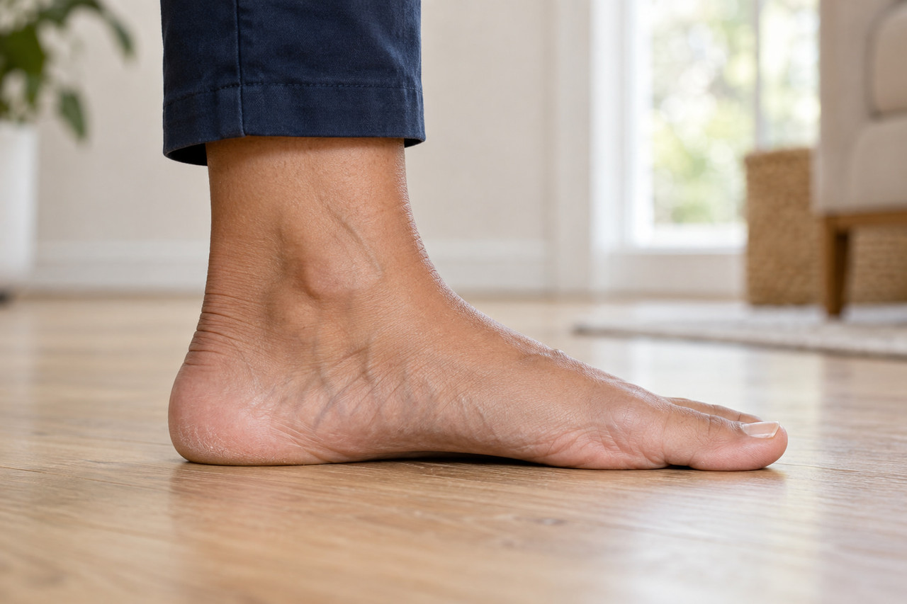 flat feet standing on wood floor