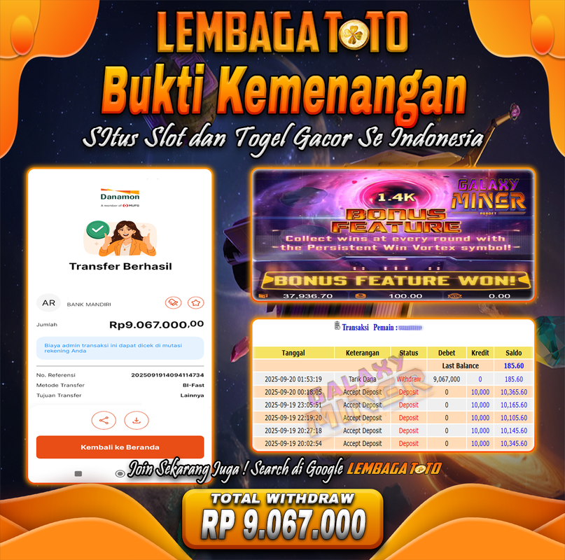 BUKTI JACKPOT 20 SEPTEMBER LEMBAGATOTO GALAXY MINER  Rp.9.067.000,- LUNAS
