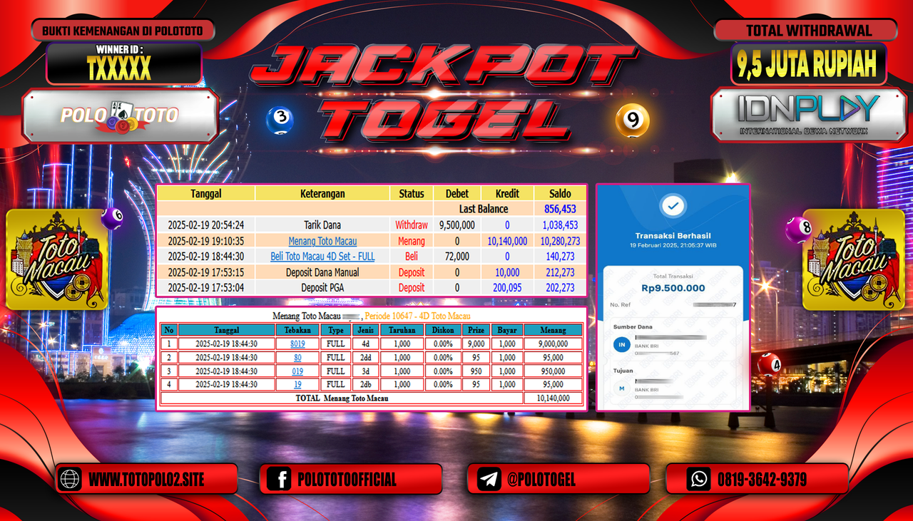POLOTOTO JACKPOT TOGEL TOTO MACAU 4D Rp.9.500.000,-