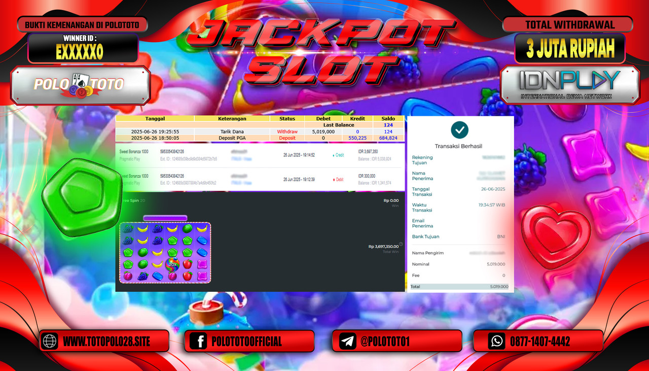 POLOTOTO JACKPOT SLOT SWEET BONANZA 1000 Rp.3.000.000,- LUNAS
