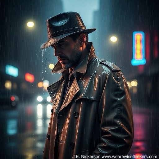 A lone detective stands in the rain, overwhelmed by the weight of a case.