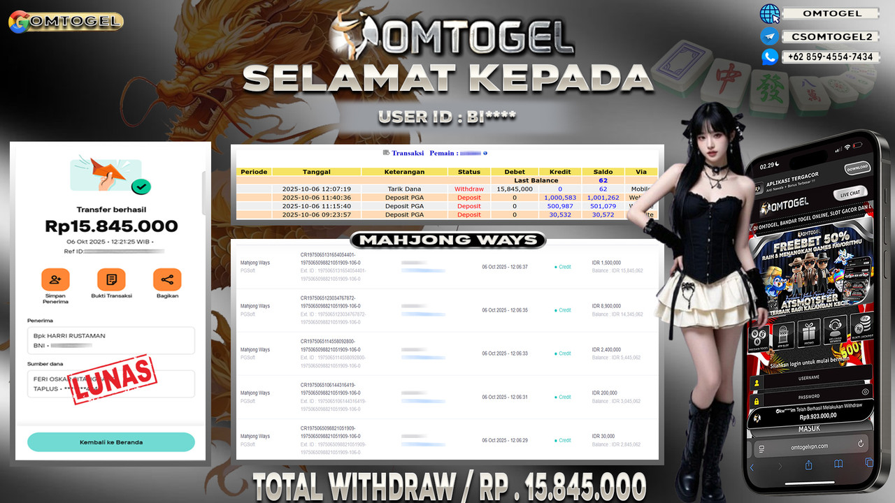 OMTOGEL JACKPOT PGSOFT MAHJONG WAYS 15 JUTA DI BAYAR LUNAS ,-
