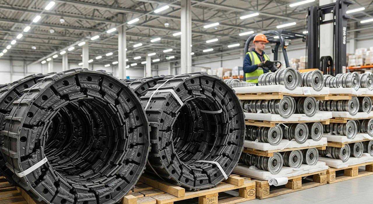 Комплектующие для ходовой части гусеничных машин на складе в качестве необходимого запаса для быстрого ремонта