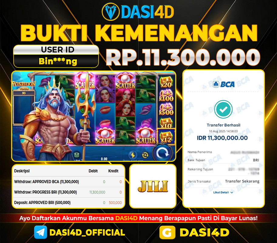 BUKTI KEMENANGAN 10 AGUSTUS 2025 DI POSEIDON WD 11.300.000