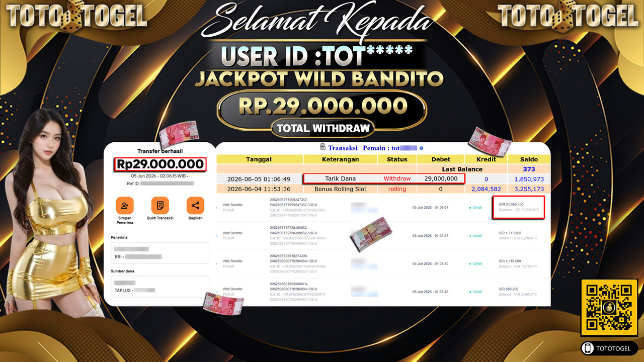 Bukti Pembayaran Jackpot Permainan Slot Wild Bandito ID:TOT*****LUNAS