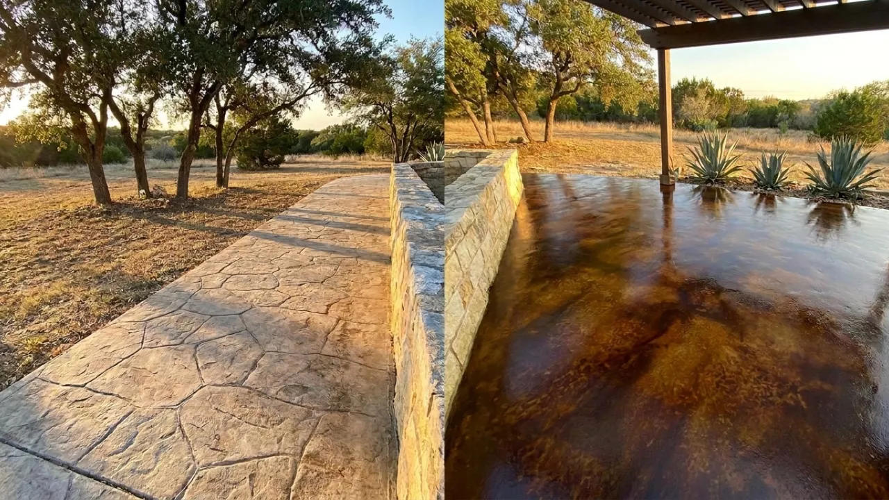 Close-up side view of stamped concrete with slate pattern and color beside acid-stained concrete showing texture and color finish options for San Antonio patios