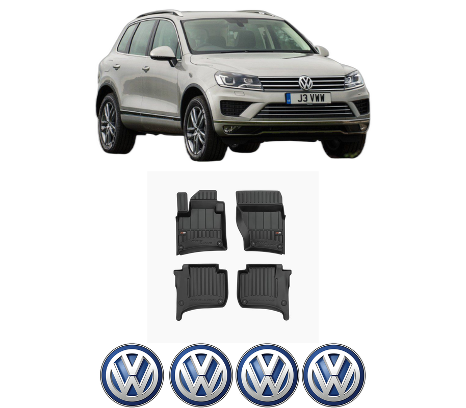 Set covorase presuri Volkswagen TOUAREG (7P5, 7P6) din 2010-2018, auto, din cauciuc thermoplastic, 4 Stickere auto cu Volkswagen