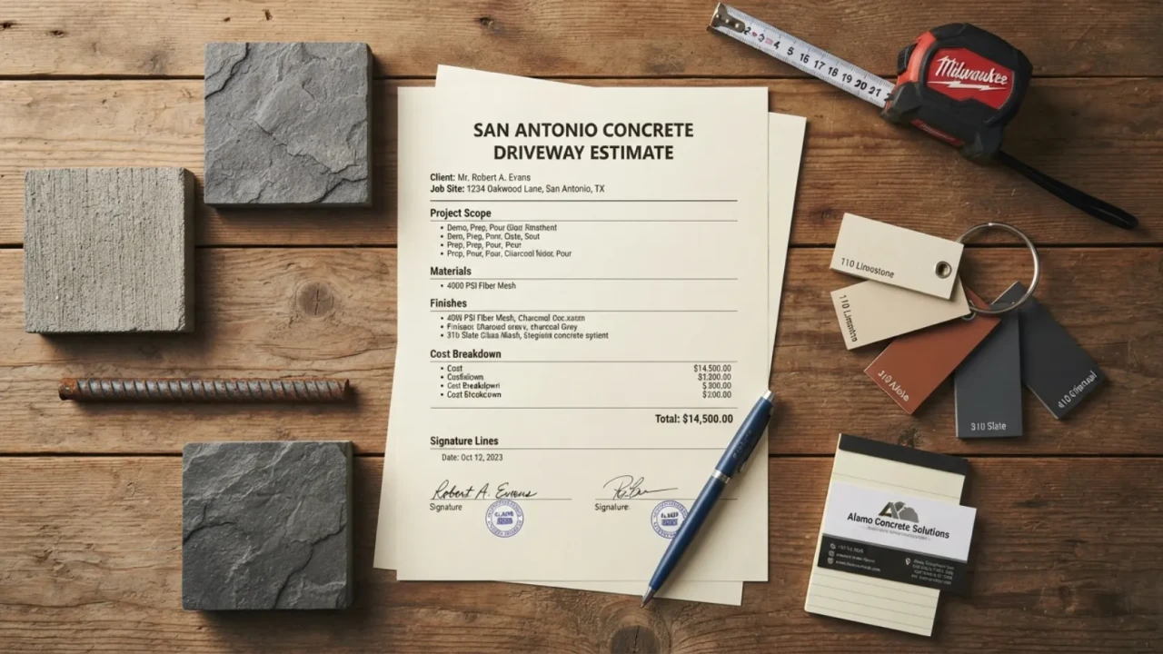 Concrete driveway written quote itemized scope San Antonio