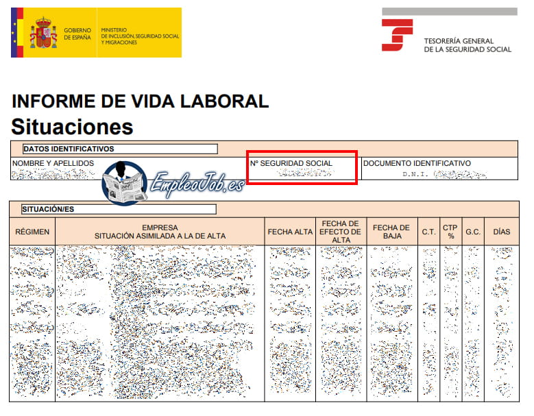 numero de la seguridad social en el informa de vida laboral