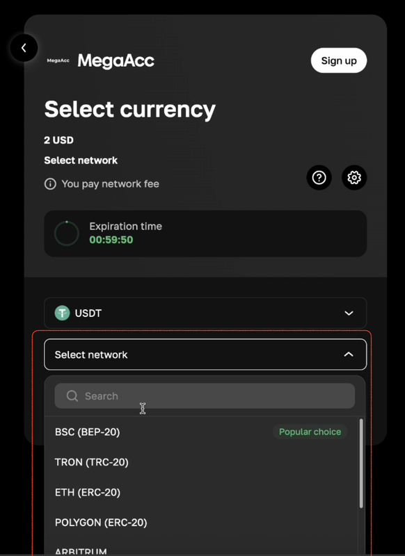 Choose blockchain network - TRC-20, BEP-20, or ERC-20 network selection