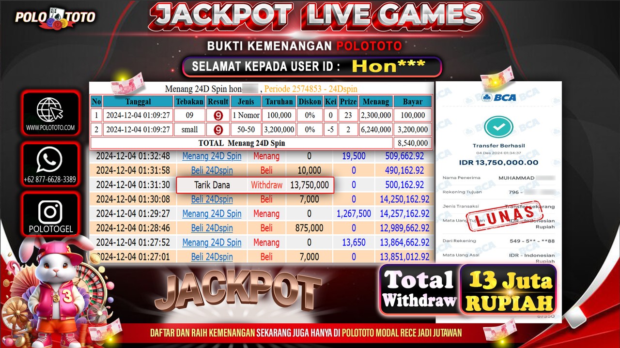 POLOTOTO JACKPOT LIVE GAMES 24D SPIN Rp.13,750.000,-