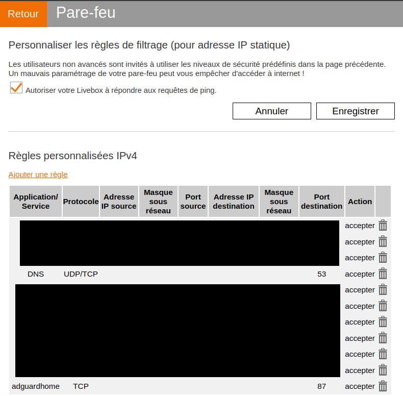 configuration filtrage pare feu livebox 2