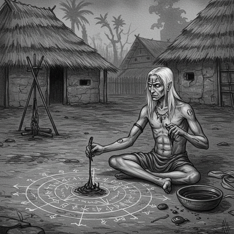 Darvus realizando un ritual con ceniza de la hoguera y sangre del berraco que ha cazado.