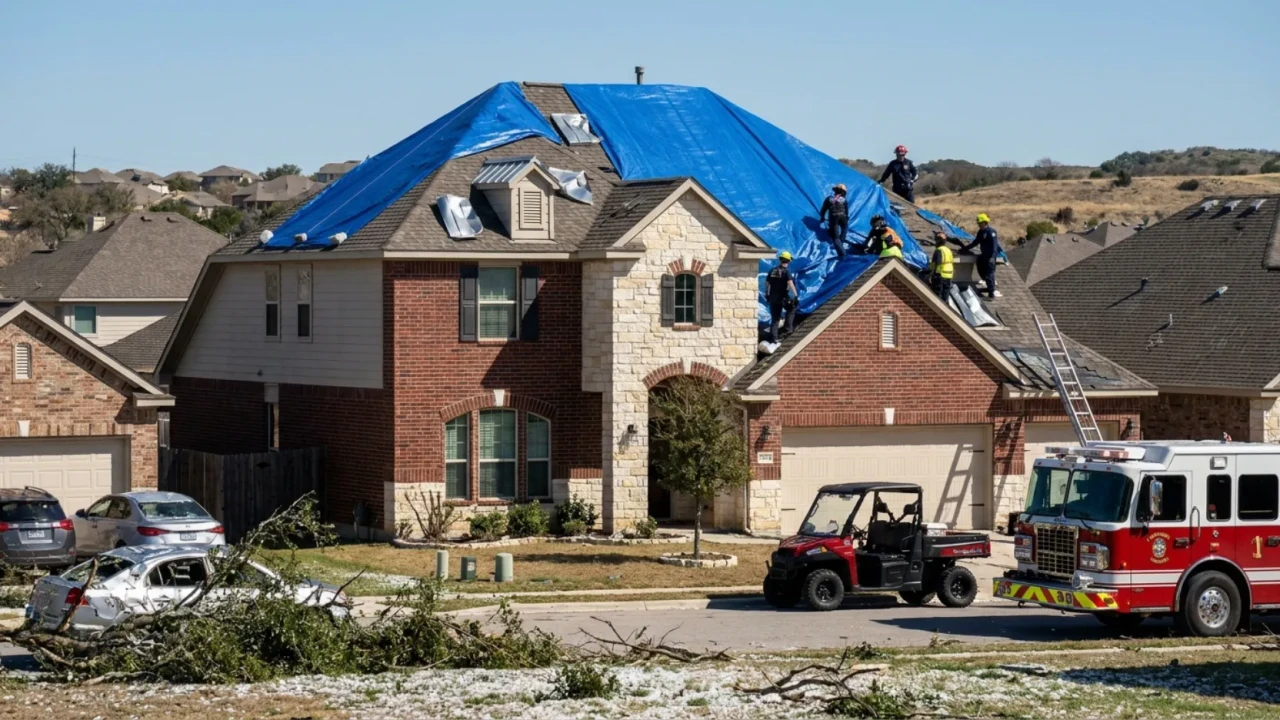 Emergency roof tarp installation on a San Antonio home after storm damage