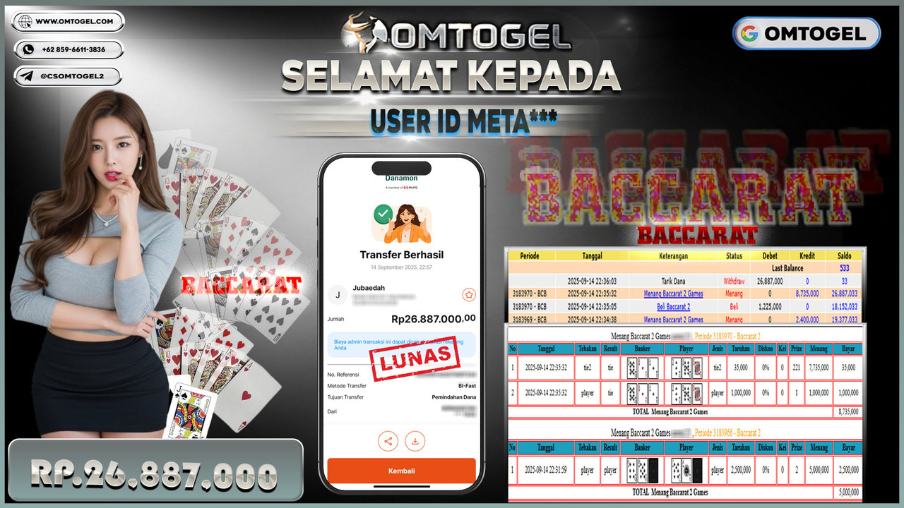 OMTOGEL JACKPOT LIVE GAMES BACCARAT 2 26 JUTA DI BAYAR LUNAS ,-