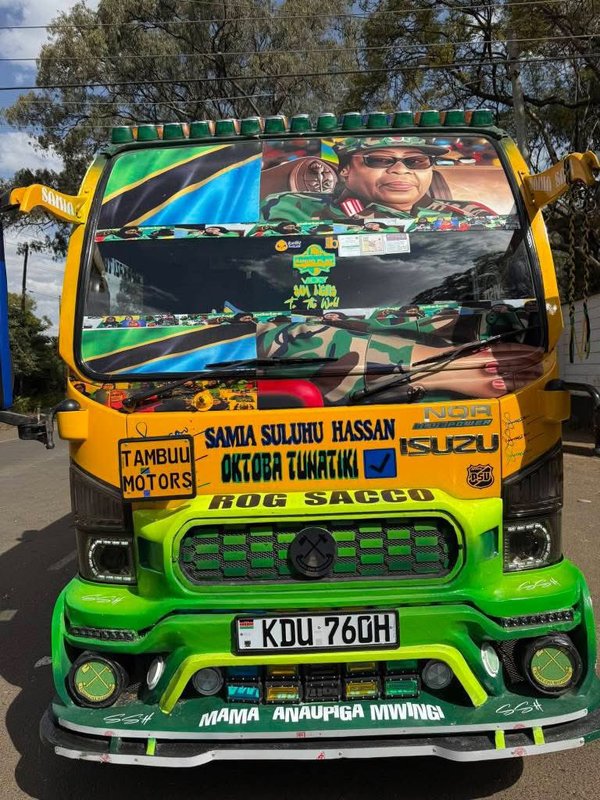 Matatu front view featuring Samia Suluhu Hassan artwork