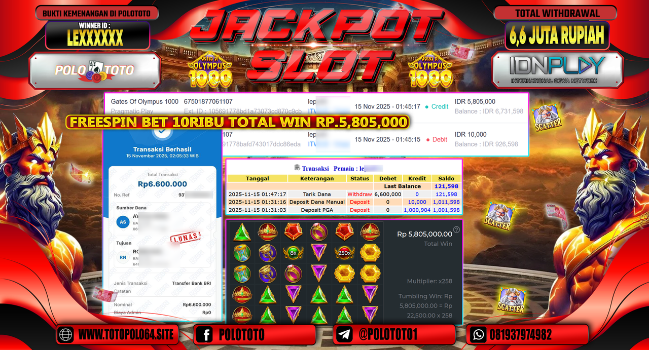 POLOTOTO JACKPOT SLOT GATES OF OLYMPUS 1000 Rp.6.600.000,- LUNAS