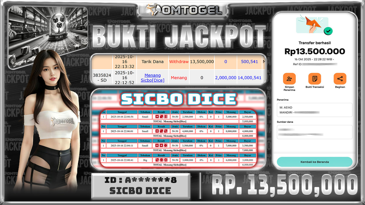 OMTOGEL JACKPOT LIVE GAMES SICBO DICE 13 JUTA DI BAYAR LUNAS ,-