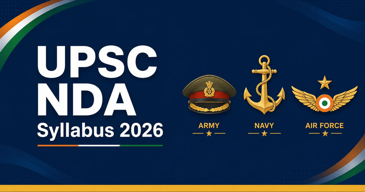 UPSC NDA Syllabus 2026 guide banner with exam pattern and armed forces emblems
