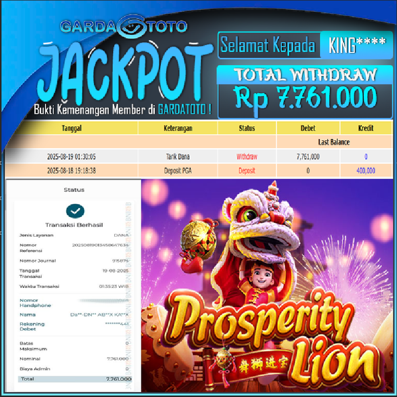 JACKPOT MAIN DI SLOT PG SOFT PROSPERITY LION WD Rp 7,761,000