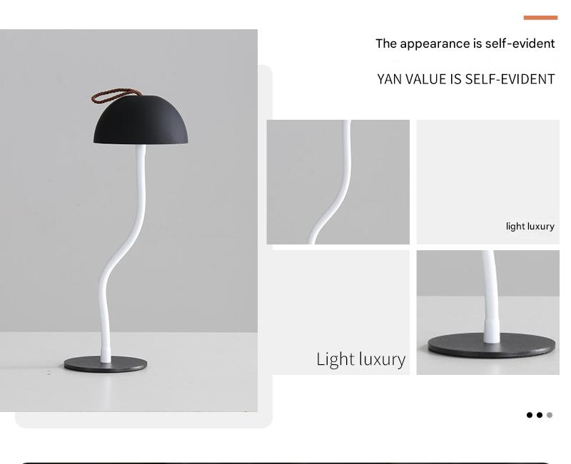 Black Minimalist LED Mushroom Table Lamp - Rechargeable 3-Color Touch