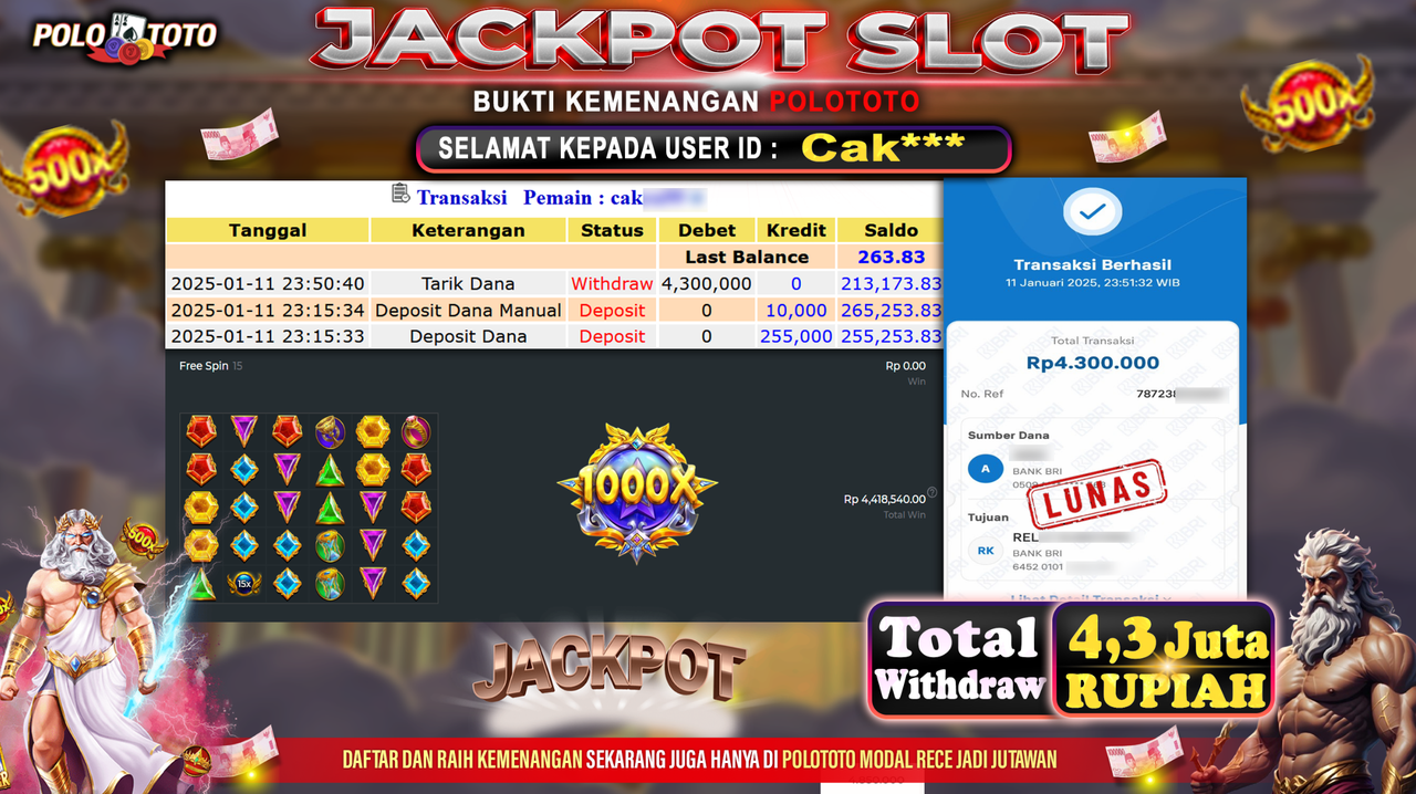 POLOTOTO JACKPOT SLOT GATES OF OLYMPUS 1000 Rp.4,300.000,-