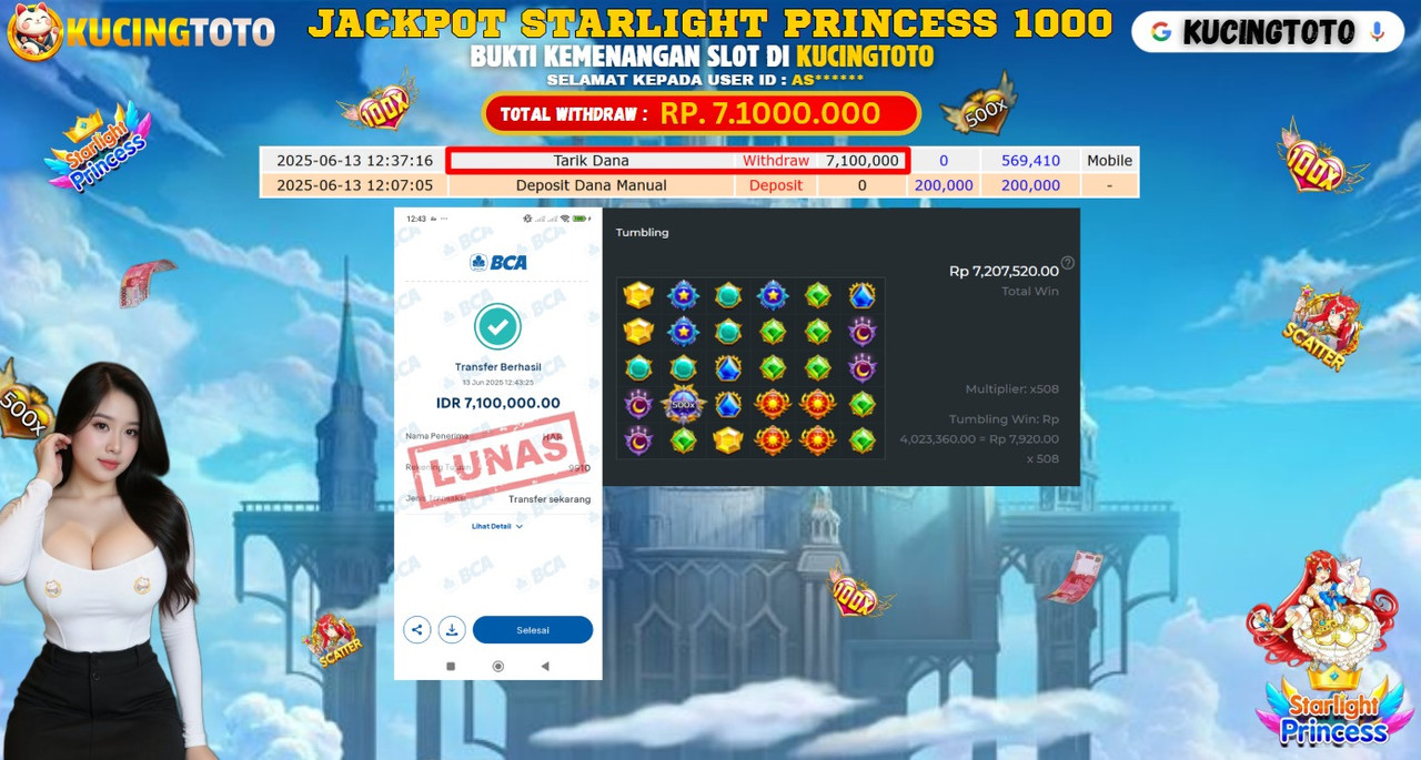 KUCINGTOTO JACKPOT SLOT STARLIGHT PRINCESS 1000 RP.7.100.000.,- LUNAS
