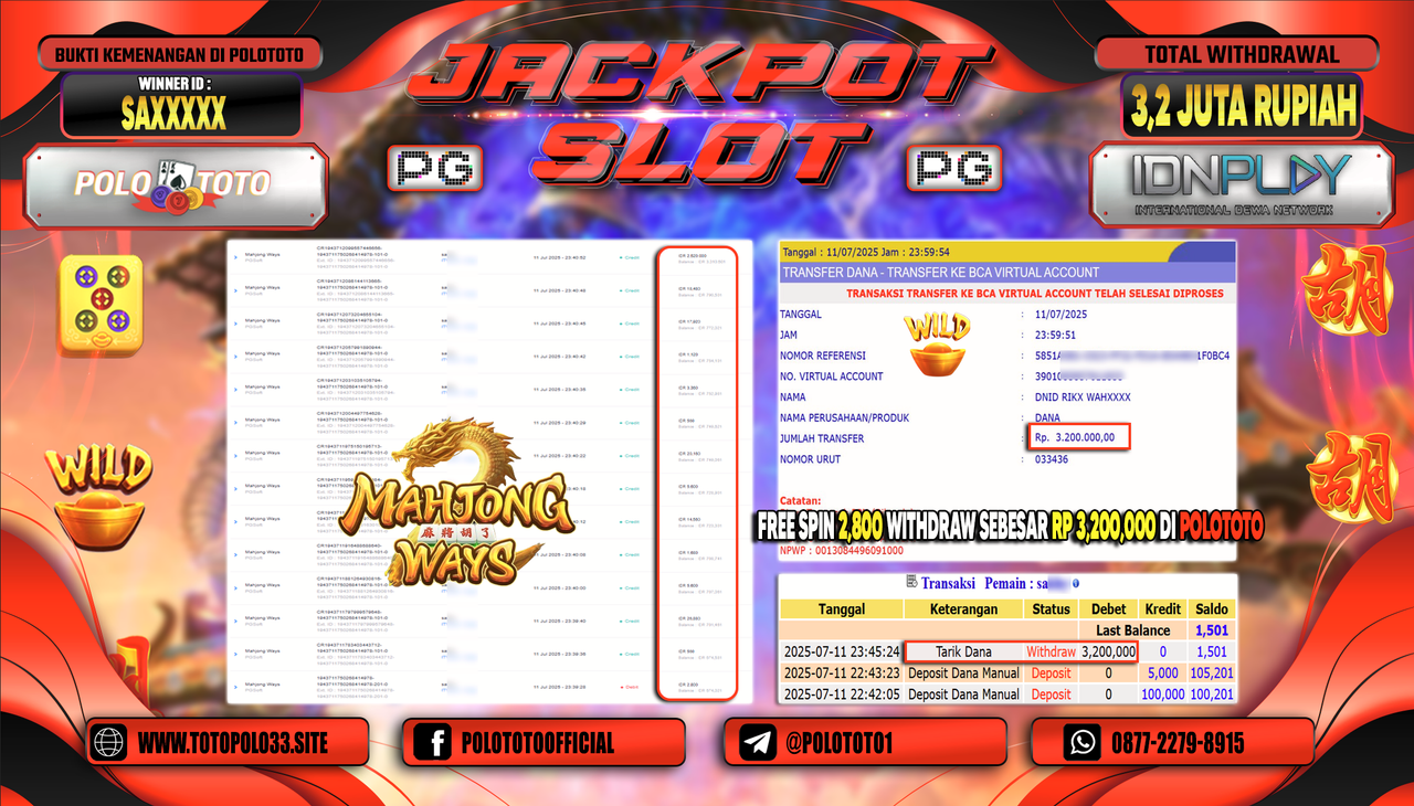 POLOTOTO JACKPOT SLOT MAHJONG WAYS Rp.3.200.000,-