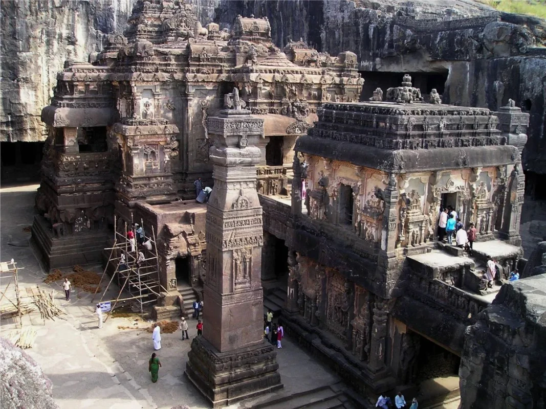 Ellora Caves exterior rock-cut view in Aurangabad Maharashtra