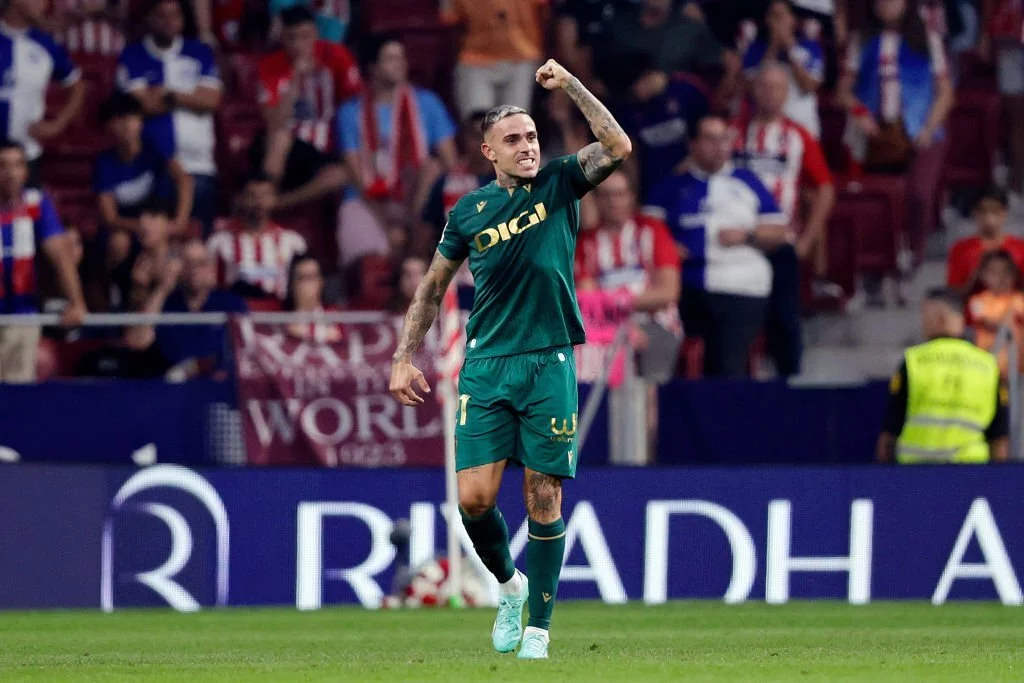 Roger Marti of Cadiz CF celebrates 1-2 during the LaLiga EA Sports match between Atletico Madrid v Cadiz FC
