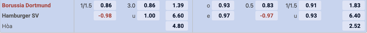 Tỷ lệ kèo Dortmund vs Hamburger