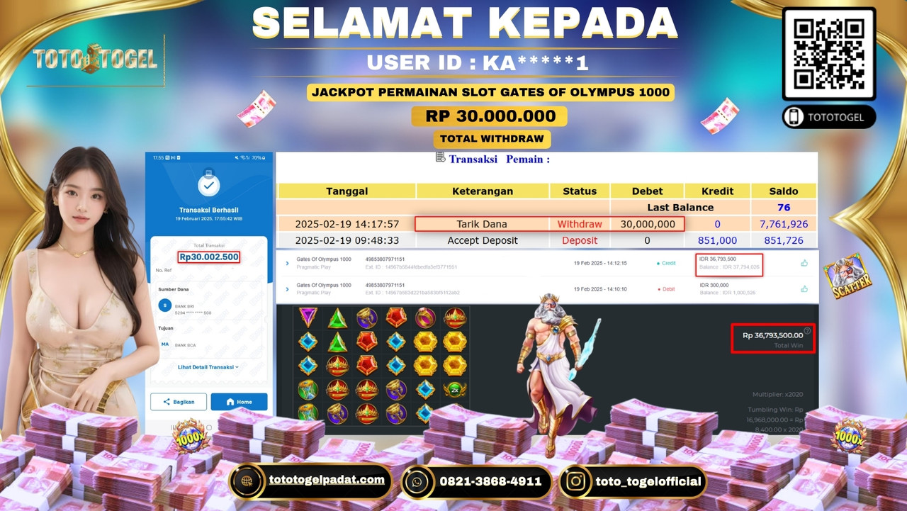 Bukti Pembayaran Jackpot  Permainan Slot Gates Of Olympus 1000  ID:KA****1 LUNAS