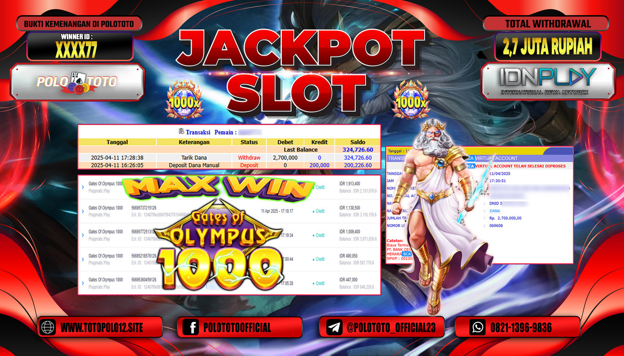 POLOTOTO JACKPOT SLOT GATES OF OLYMPUS 1000 Rp.2.700.000,-