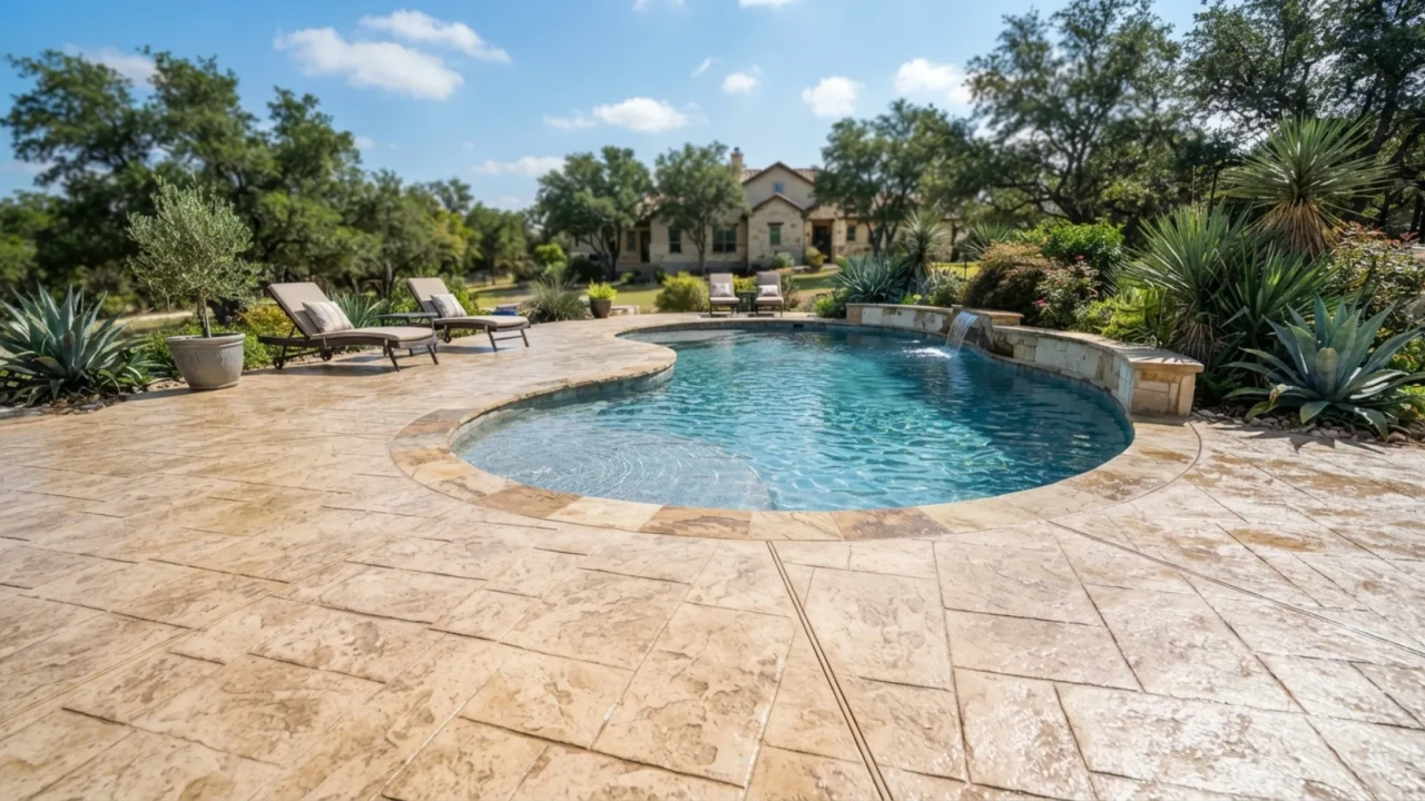 Stamped concrete overlay pool deck San Antonio travertine pattern