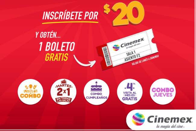 Cinemex Boleto a $20 de Lunes a Domingo al inscribirte invitado especial 
