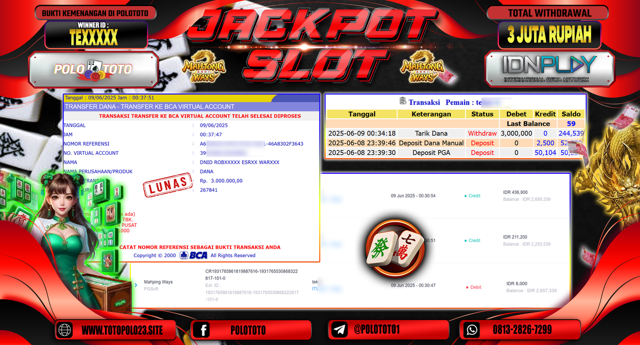 POLOTOTO JACKPOT SLOT MAHJONG WAYS Rp.3.000.000,-
