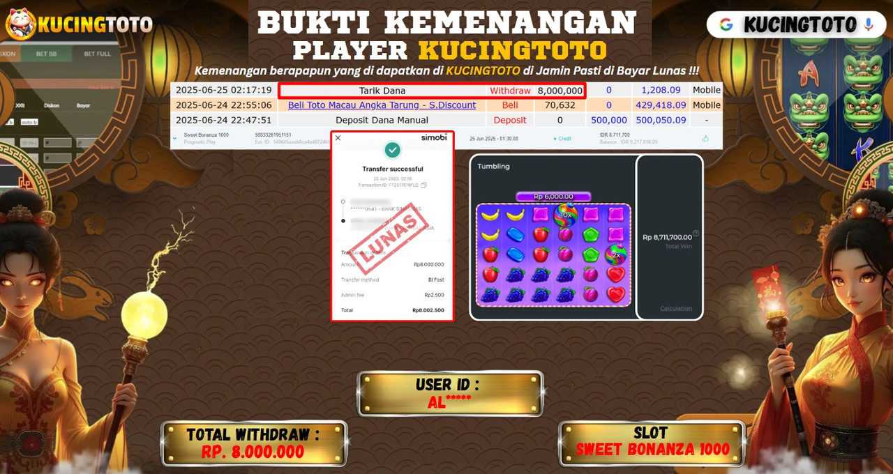 KUCINGTOTO JACKPOT SLOT SWEET BONANZA 1000 RP.8.000.000.,- LUNAS
