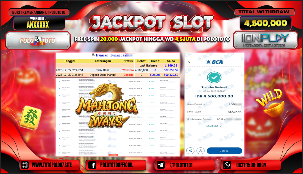 POLOTOTO JACKPOT SLOT MAHJONG WAYS Rp.4.500.000,- LUNAS