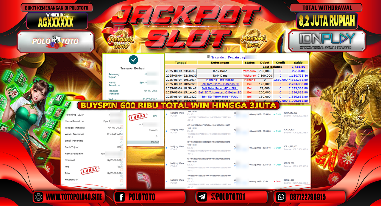 POLOTOTO JACKPOT SLOT MAHJONG WAYS Rp.8.200.000,-LUNAS