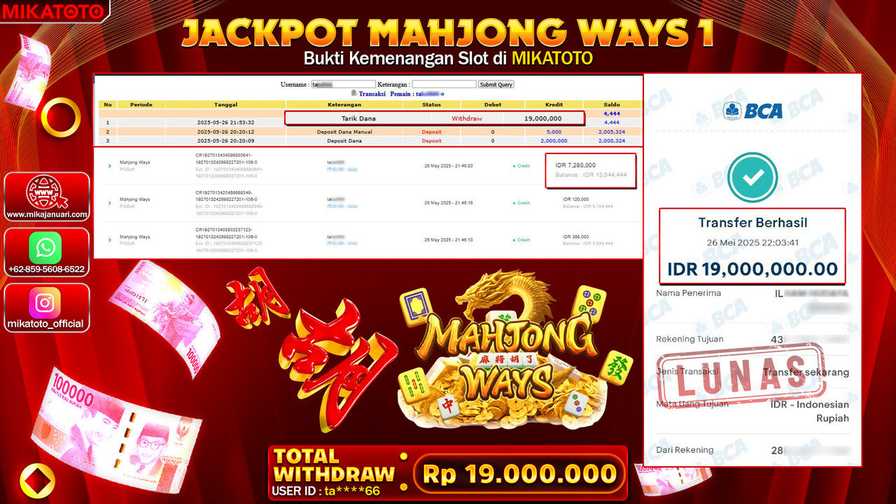 🏆 SELAMAT KEPADA PEMENANG JACKPOT DI MAHJONG WAYS  19,000,000🏆