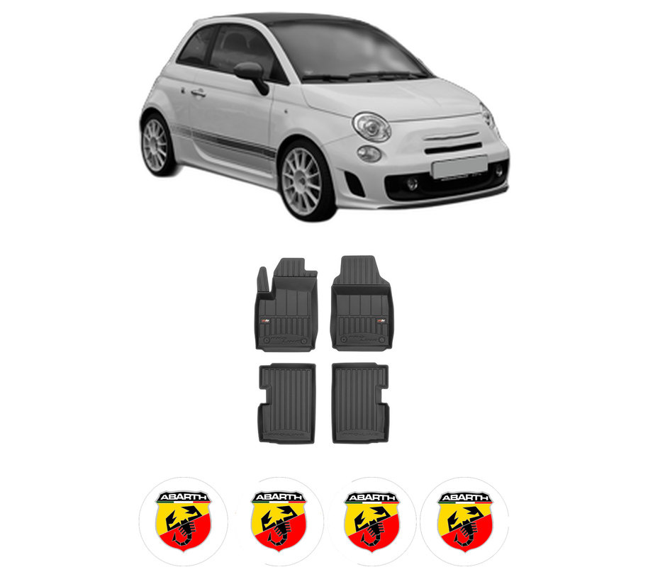 Set covorase presuri ABARTH 500C / 595C / 695C din 2009-2016, auto, din cauciuc thermoplastic, 4 Stickere auto cu ABARTH
