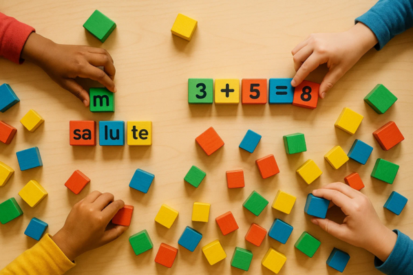 Des enfants jouant avec des cubes de lettres et de chiffres